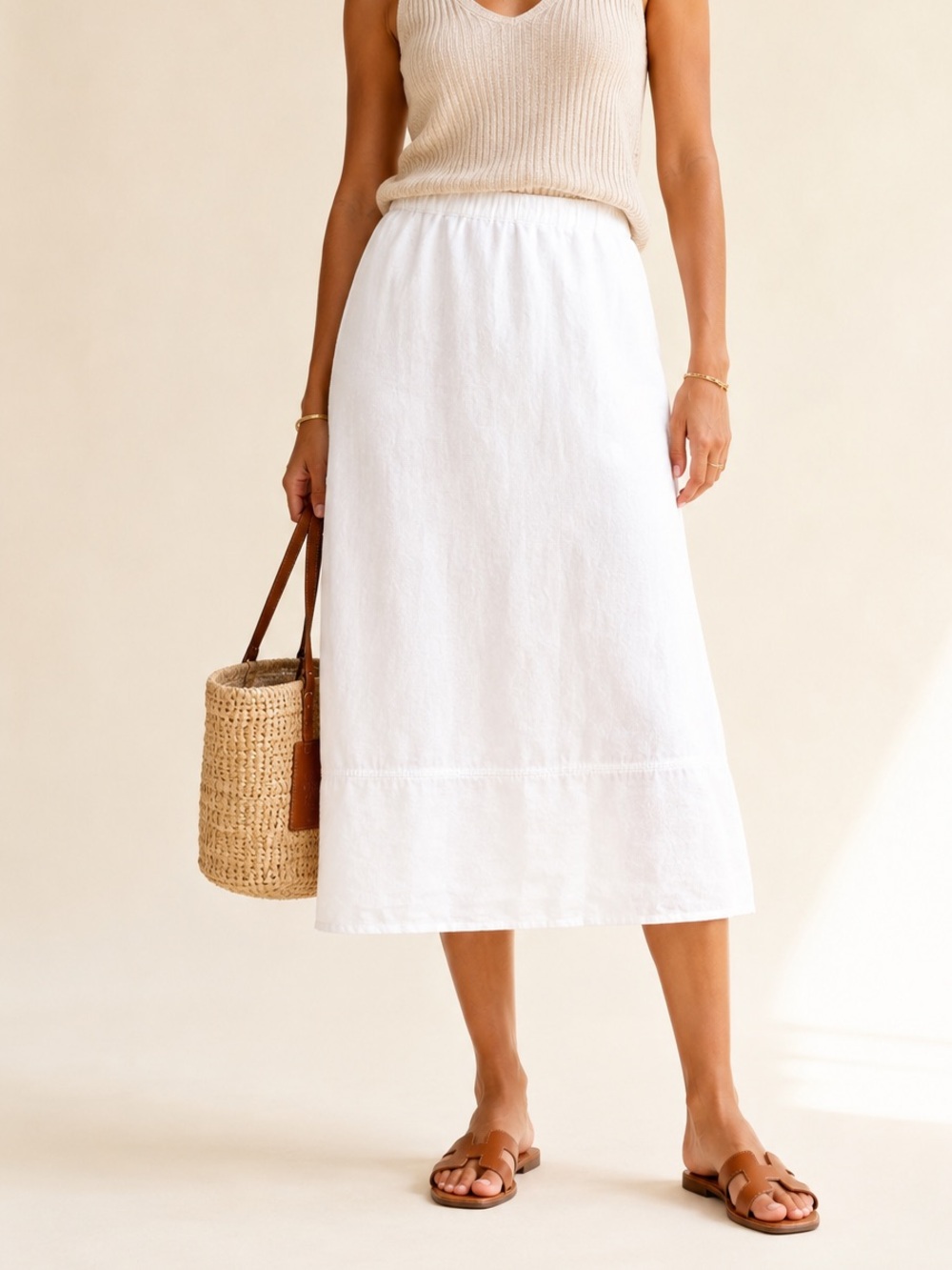 Kim Rogers White Linen Midi Skirt Elastic Waist Quiet Luxury Sz Large Petite - Picture 3 of 10